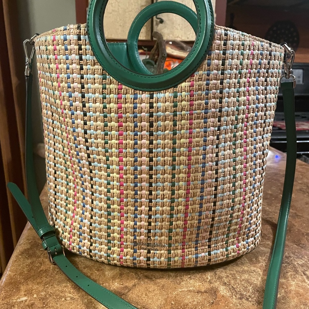 Used Kate Spade Green multi-colored Straw bucket tote bag
